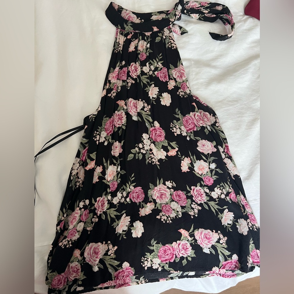 Forever 21 Black Halter style Blouse with Pink Floral Design